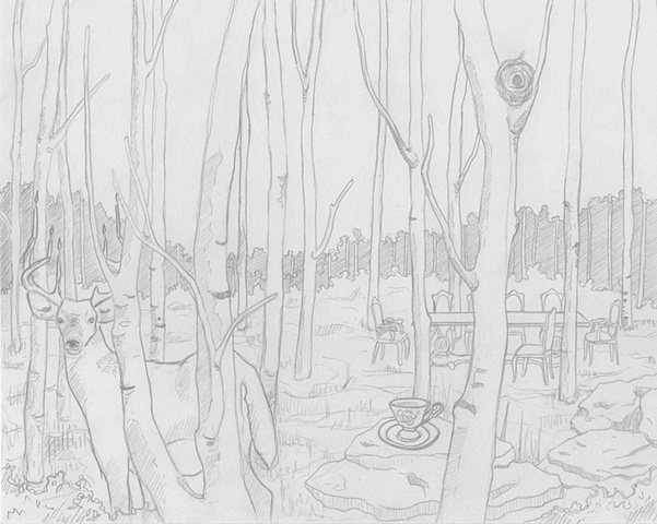 deer, candle antlers, graphite, drawing, birch, forest, table, meghan nelson, art, whimsical,