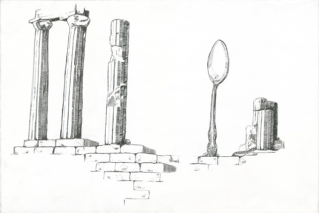 meghan nelson, art, pen and ink, whimsical, giant spoon, pillar, crumbling ruins,