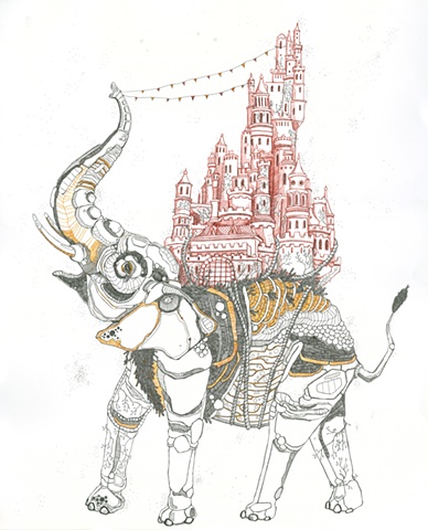 meghan nelson, art, pen and ink, whimsical, elephant, with castle on back,