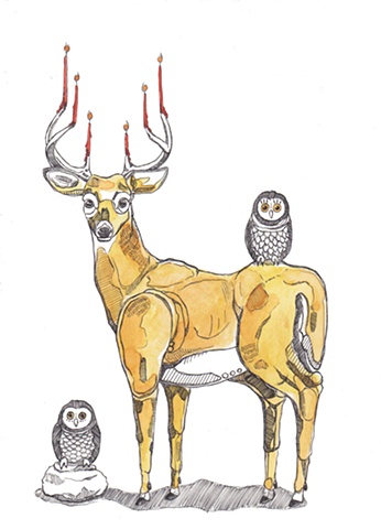 meghan nelson, deer, candle antlers, drawing, art, whimsical, pen and ink, owl,