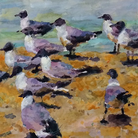 Watercolor painting by Edie Fagan of Sea birds, gulls on beach