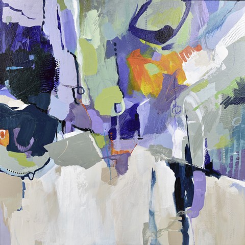 Abstract acrylic painting, blue, purple, green, orange