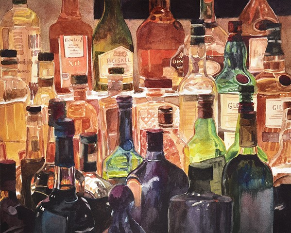 Bar painting, painting of bottles, liquor bottles, watercolor by Edie Fagan