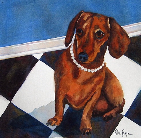 Edie Fagan Adored Dogs watercolor painting of dachshund with pearls winter park doggie art festival poster