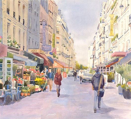 Rue Cler, Paris, France, cityscape, landscape, watercolor painting by Edie Fagan