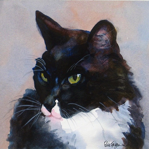 watercolor painting of black and white cat