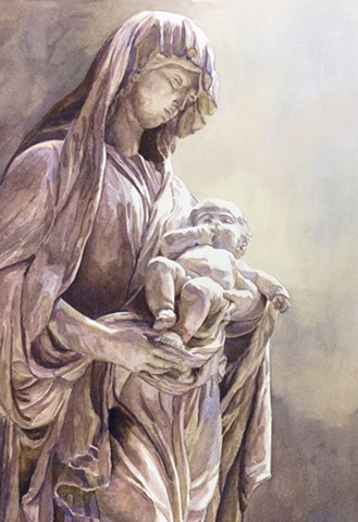 madonna and child watercolor painting by Edie Fagan, Virgin Mary,Jesus, marble statue, Rouen, France