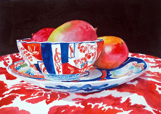 watercolor painting by Edie Fagan of Imari, Mangoes, red, antique