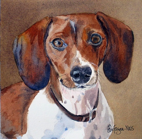 Edie Fagan Adored Dogs watercolor portrait of dog watercolor painting of piebald dachshund