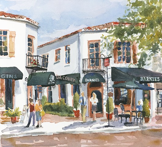 watercolor painting by Edie Fagan of Winter Park Florida Greenada Court Park Ave. Barnies Street scene