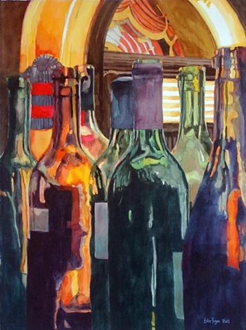 painting of wine bottles and juke box by Edie Fagan 
