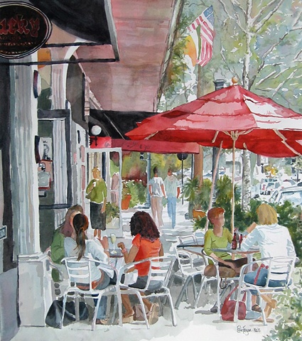 watercolor painting by Edie Fagan of Park Avenue Winter Park Florida cafe umbrellas autumn art festival poster