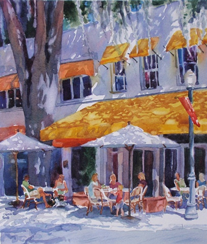 watercolor painting by Edie Fagan of Winter Park Florida Park Ave. Briarpatch restaurant