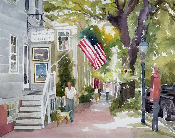 Original watercolor painting nantucket street scene cityscape labrador retriever yellow lab American flag