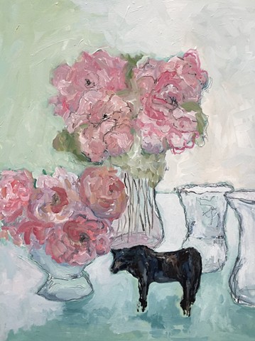 Peonies, Roses and Cow