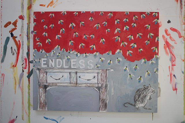 Endless (Lab Mice in a Room with Flying Insects), mixed media on cradle board, 24x30'', 2018