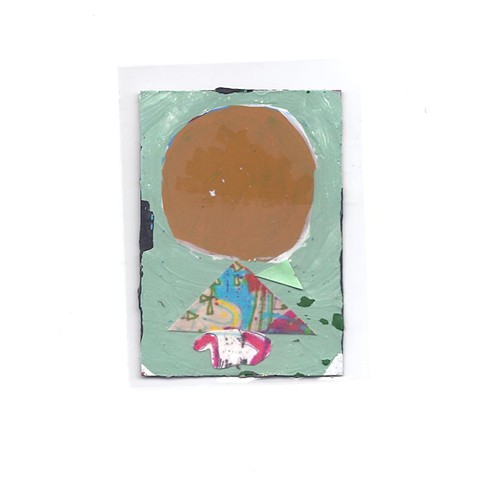 This is a one of a kind original painting artist trading card of a round mustard colored circle on a mint green background. This is #5 from my 2013 ACEO series. This is an original acrylic painting with collage elements made from an variety of artist prin