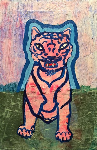 small contemporary art pink tiger acrylic painting illustration whimsical fun original artwork