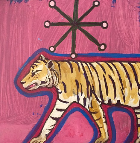 Pink Tiger Art Acrylic Painting Small Square Whimsical Animal Illustration Rochester New York Artist Rina Drescher