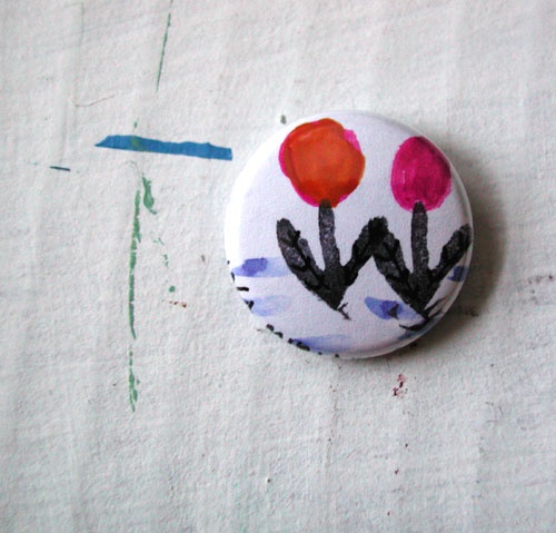 two flowers, pinback button, art, artwork, wearable, one of a kind, OOAK, monoprint, painting, flower