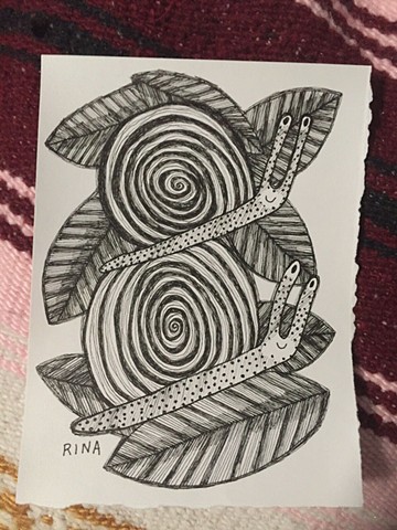 ink on paper, original ink drawing of two snails, 2 snails, ink drawing, snail illustration