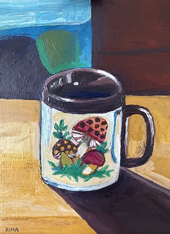 Small original acrylic still life painting of a vintage mushroom mug 