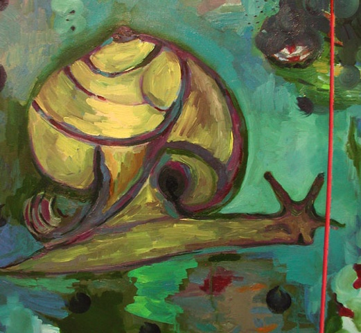 this is a detail view of an oil painting of a snail by contemporary artist Rina Miriam Drescher that is mostly green and yellow