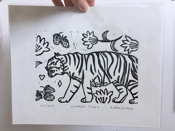 black and white summer tiger limited edition hand pulled linoleum block print Rina Miriam Drescher Rochester New York Artist