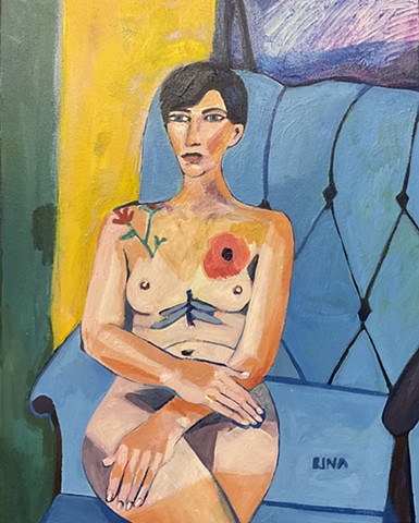 Figurative painting of a young woman with short hair and tattoos 