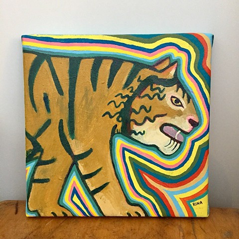 tiger with rainbow aura, original illustration of a tiger, tiger painting, small acrylic tiger art