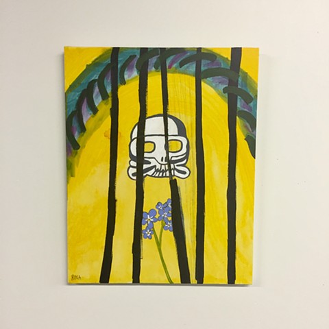 original painting of a white skull and forget me not flowers, yellow acrylic fine art original