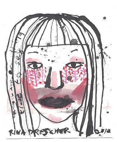 This is an original drawing of a person's face with a red pattern under their eyes. It is titled "Anyone Else With Anything Else To Say" and is drawn with black Sumi ink and watercolor on very fine quality heavyweight off-white drawing paper. 