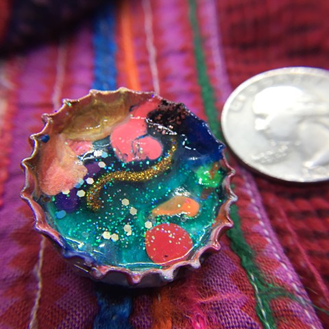 Recycled art bottle cap painting pins, up cycled steel jewelry 