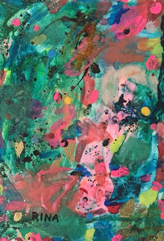 original paintings, small green abstract painting, mixed media glossy fine art