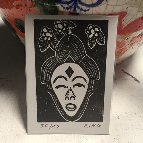 African Mask Linoleum Block Print, ACEO Linocut Print
