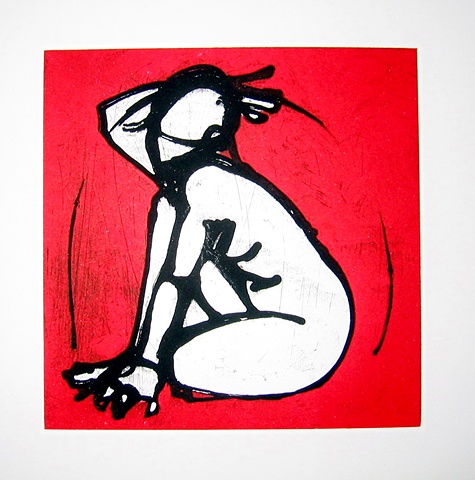 Kitty Blandy crouched figure with red background