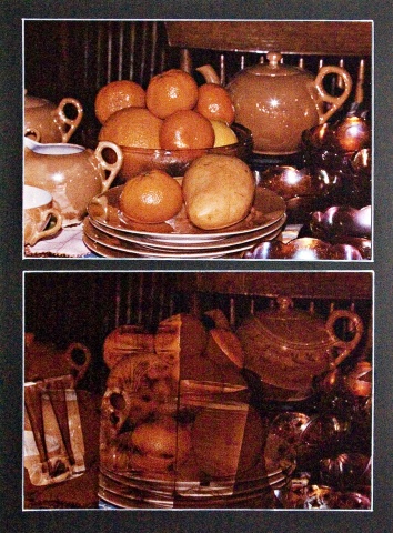 Oranges, carnival glass, and lustreware