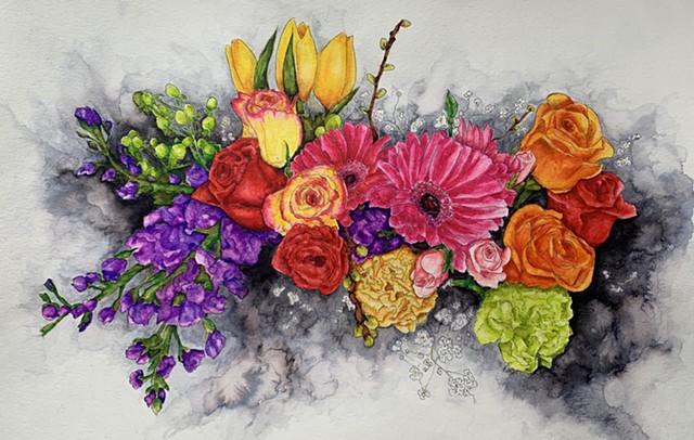 Watercolor image of flowers based on the flowers Marsha P. Johnson wore in her hair. 