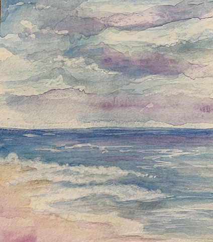 small watercolor and ink painting of a cloudy sky and slightly choppy beach