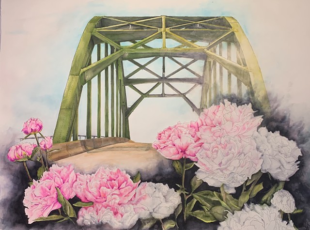 peonies blooming in front of a curbed bridge - fading from detail and color to black and white
