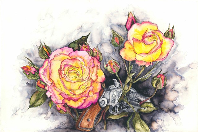 pink and yellow variagated roses grow up and through a now non-functioning pistol