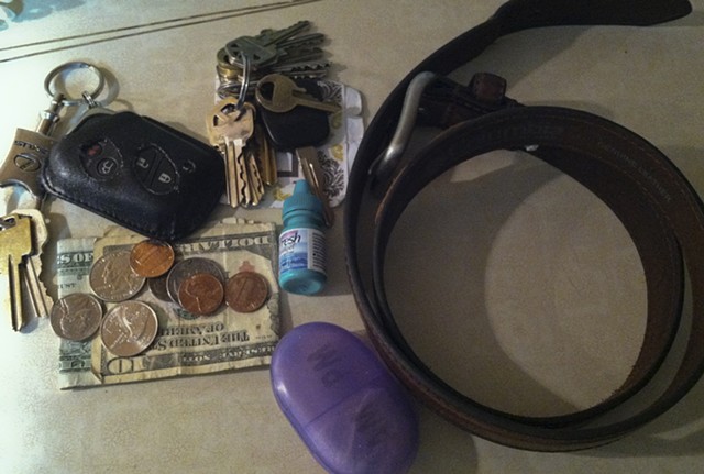53. dad’s pocket contents and belt (on kitchen counter 1 week later)