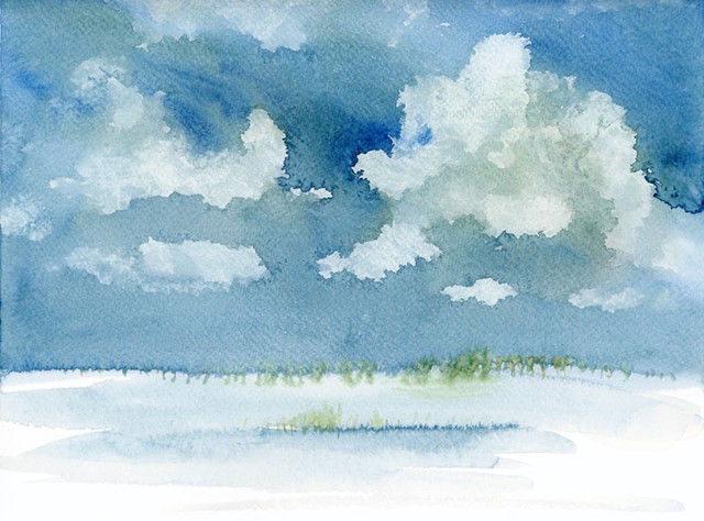 winter, field, watercolor, sky, grass
