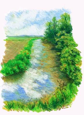 Oil pastel, graphite drawing, Marion Webber, landscape, water, trees
