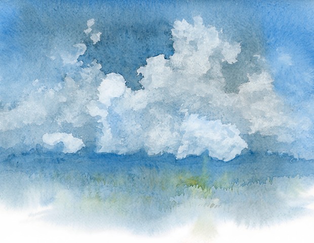 winter, field, watercolor, sky, grass
