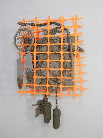 “Moore’s Law” cuckoo clock, construction fence, dreamcatcher, cat’s cradle, and rebar