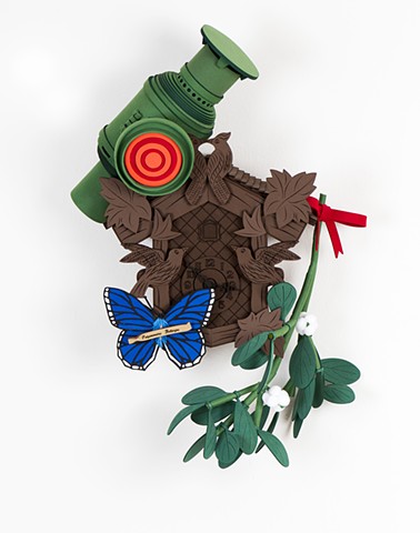 
"R.M. Svengali"; cuckoo clock with miseltoe, red lantern & Adonis butterfly
