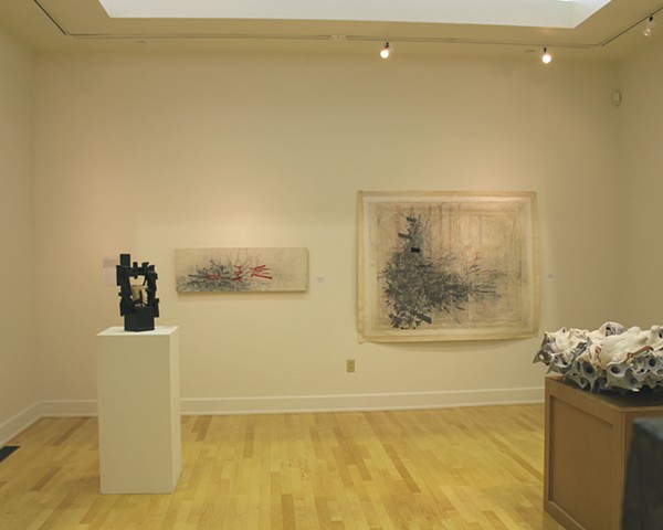 Installation view of works in the exhibition Art Forms at the Hartford Constitution Plaza gallery. The two works are Hyper-Retaliation& (left) and Lucky Fiction (right).