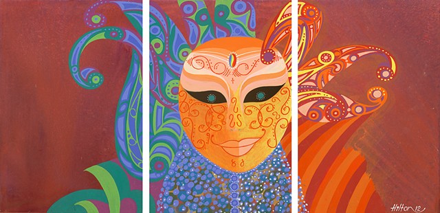 Thai Carnival mask Original Acrylic on split canvas by Hilton Stephenson