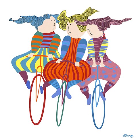 Old School Girls, Acrylic On Canvas, Bikes, Bicycles, Penny Farthing, Old School, 